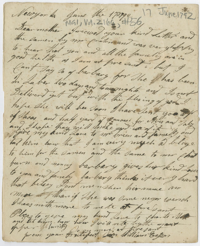 Easson : Letter, William Easson, New York, to his mother, Elizabeth Easson