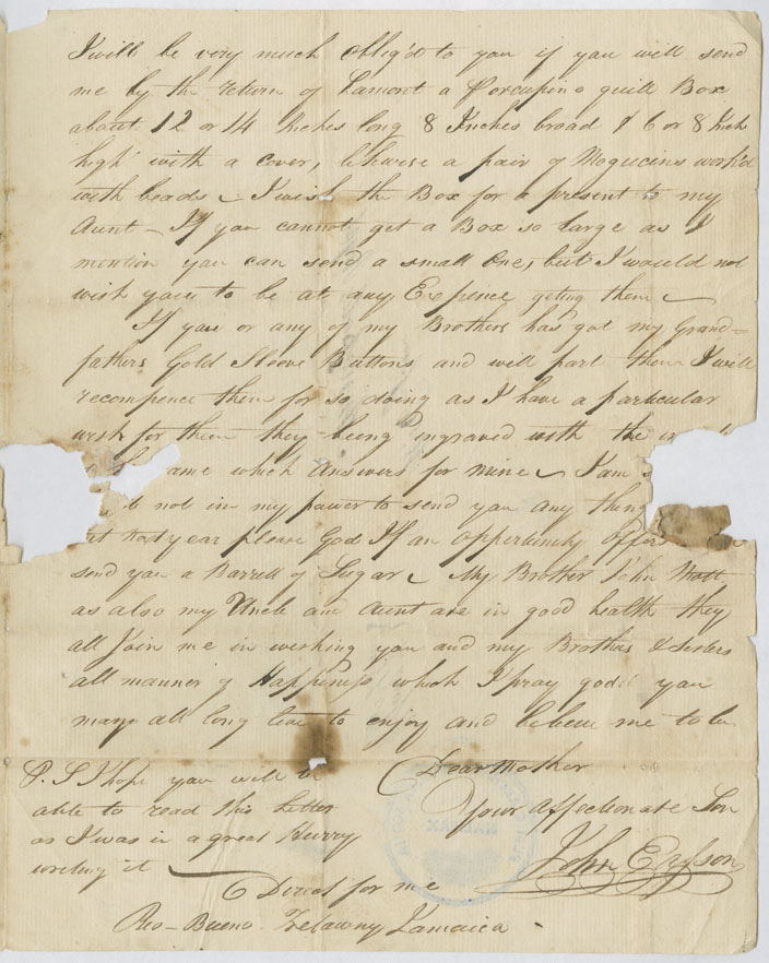 Easson : Letter, John Easson, Trelawny, Rio Bueno, to his mother, Elizabeth Easson