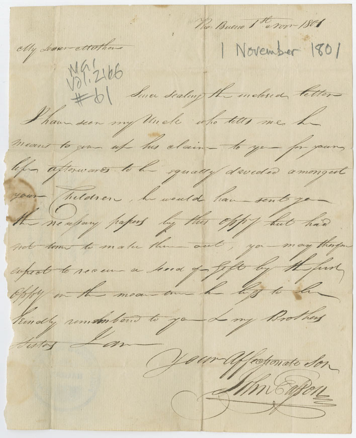 Easson : Letter, John Easson, Rio Bueno, to his mother, Elizabeth