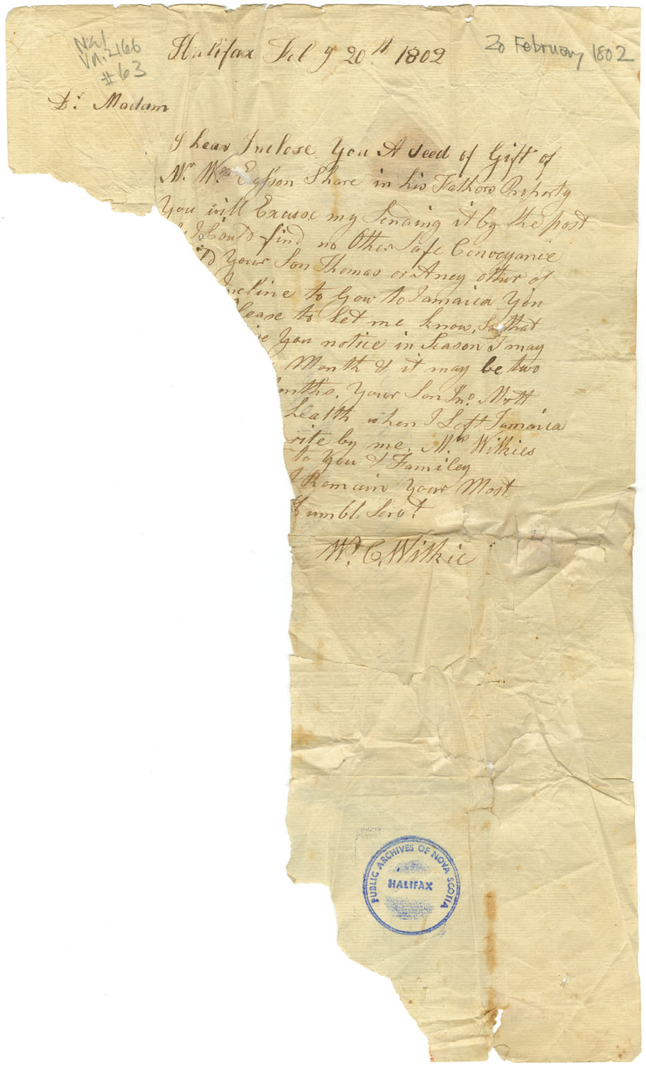 Easson : Letter, W.C. Wilkie, Halifax, to Elizabeth Easson