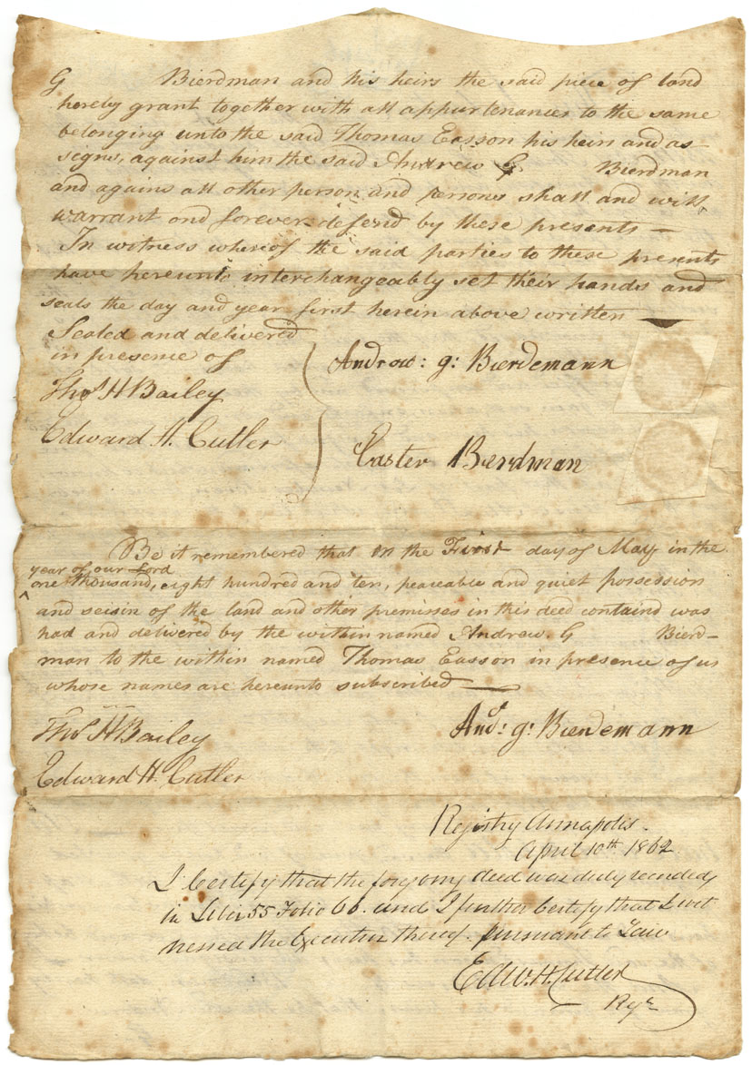 Easson : Indenture, Andrew G. Bierdman, Baker, Annapolis Royal, to Thomas Easson