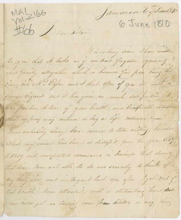 Easson : Letter, William Easson, Jamaica, to his sister-in-law, Elizabeth Easson