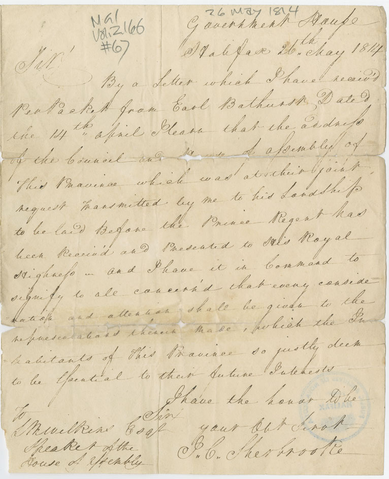 Easson : Letter, Lieutenant-Governor Sir John Coape Sherbrooke, Halifax, to Lewis Morris Wilkins, Speaker of the House of Assembly