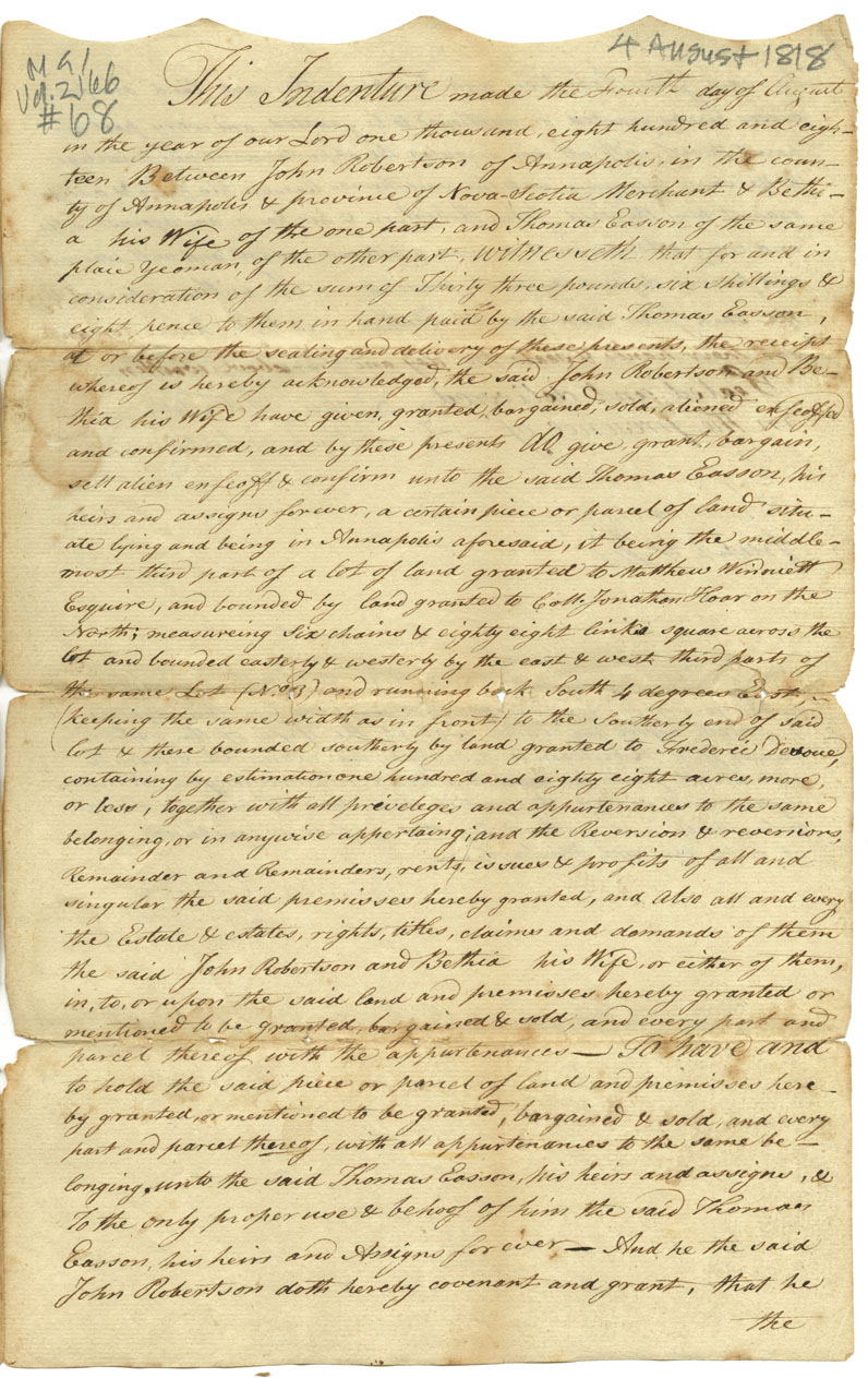 Easson : Indenture, John Robertson, Annapolis Royal, to Thomas Easson