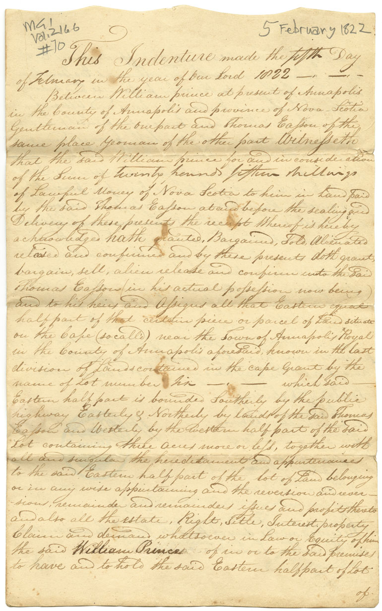 Easson : Indenture, William Prince, Annapolis Royal, to Thomas Easson