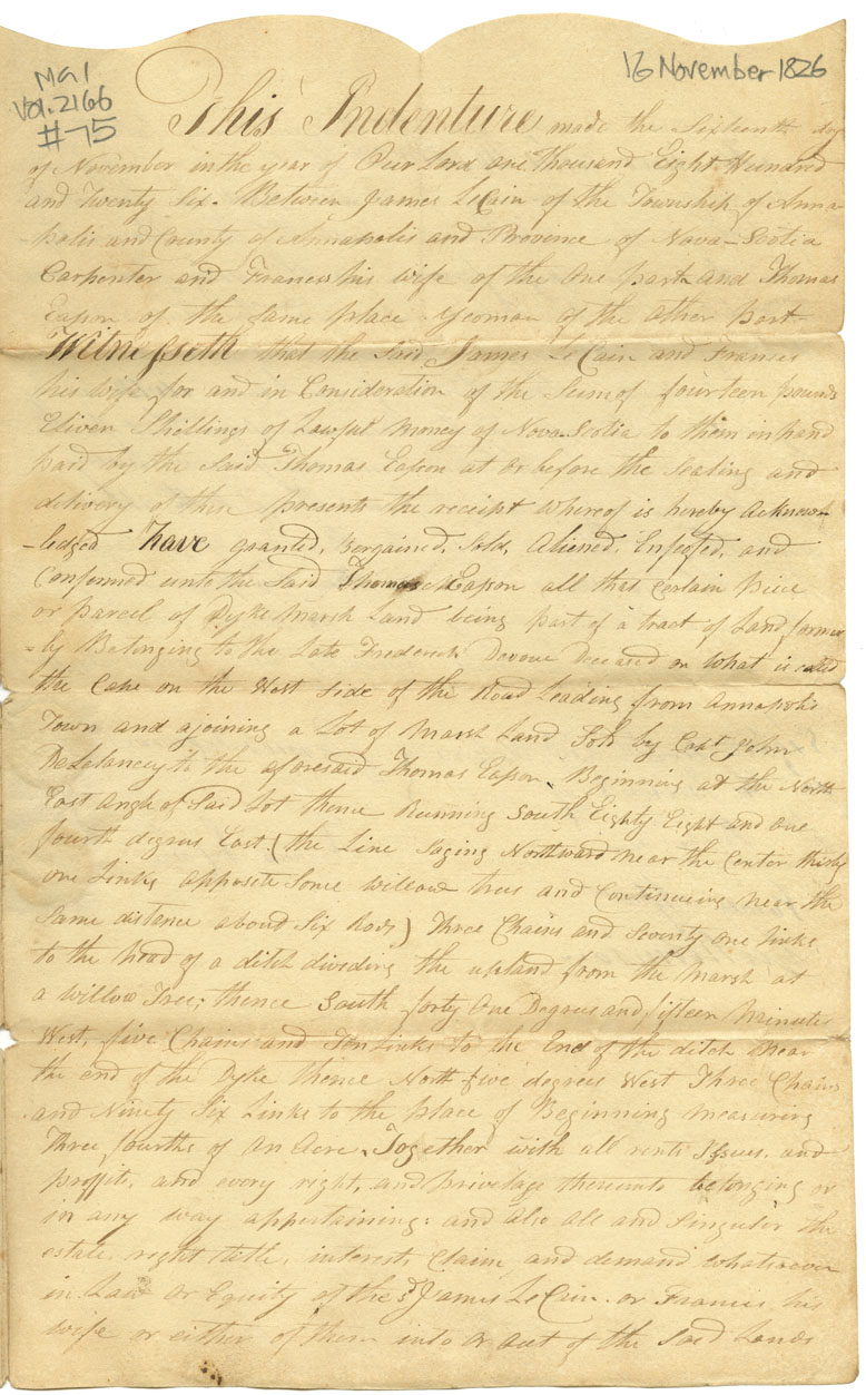 Easson : Indenture, James LeCain, Annapolis Royal, to Thomas Easson