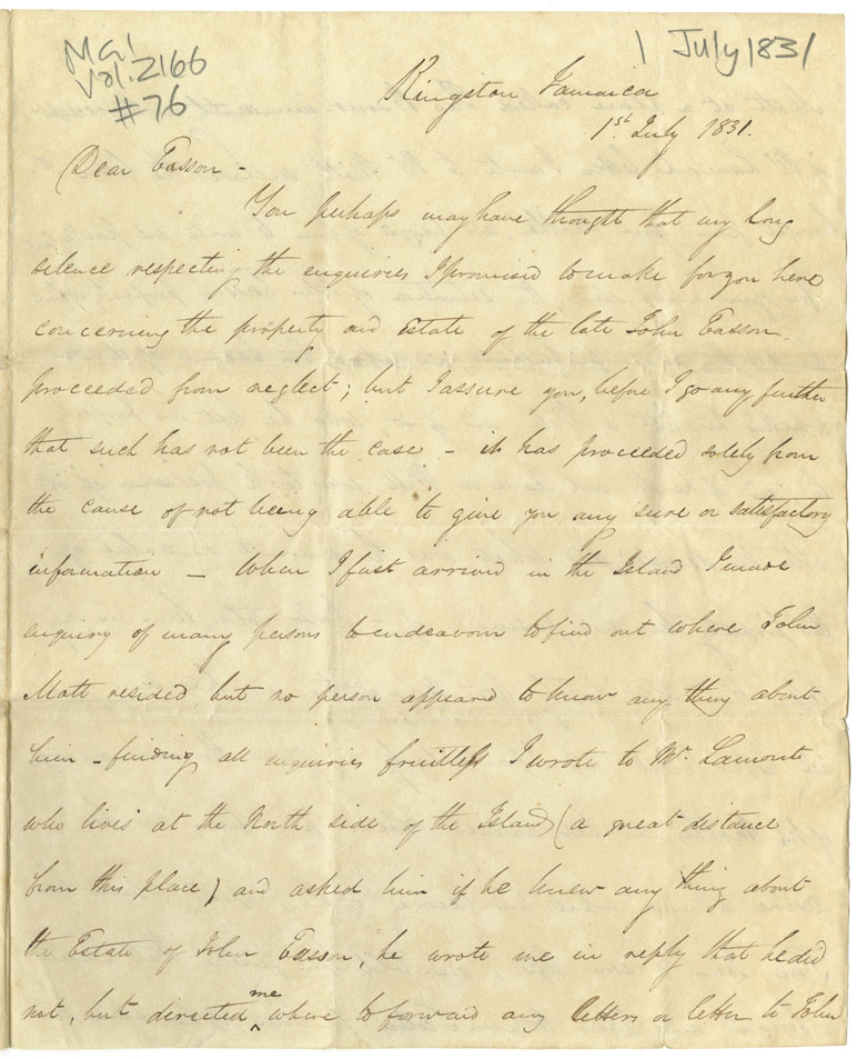 Easson : Letter, Alexander Howe Winniett, Kingston, Jamaica, to Alexander Easson