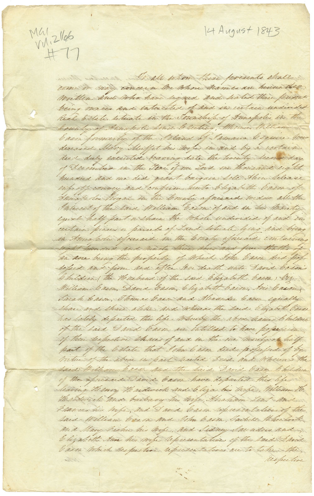 Easson : Indenture, agreement and bond, heirs of the late Elizabeth Easson, Annapolis Royal