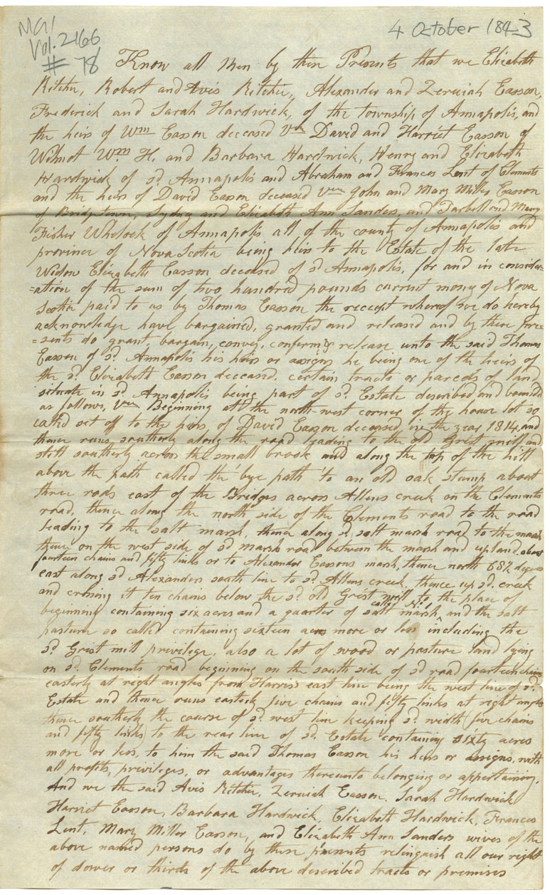 Easson : Indenture, heirs of the late widow Elizabeth Easson to Thomas Easson, Annapolis Royal