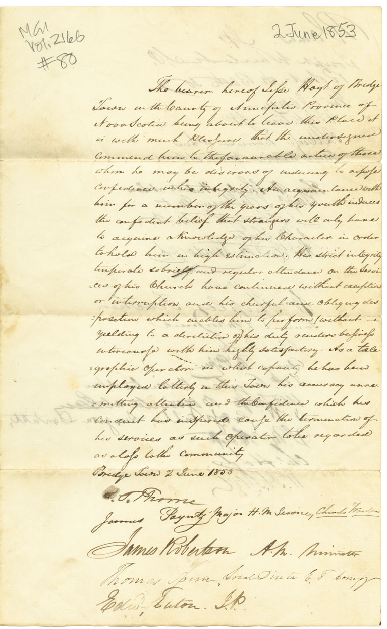 Easson : Testimonial letter on behalf of Jesse Hoyt, Bridgetown