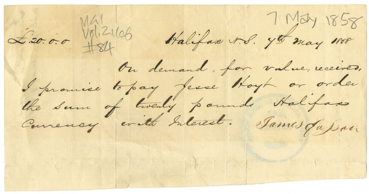 Easson : Promissory note, James Easson in favour of Jesse Hoyt