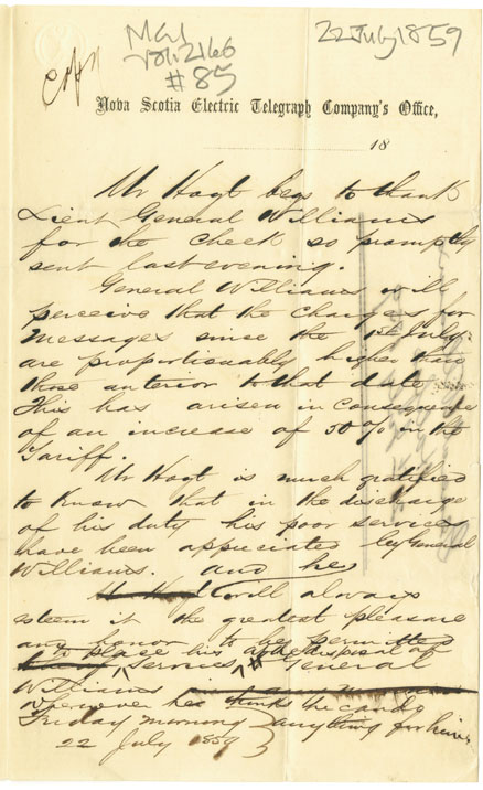 Easson : Draft letter, Jesse Hoyt to Lieutenant-Governor Sir William Fenwick Williams