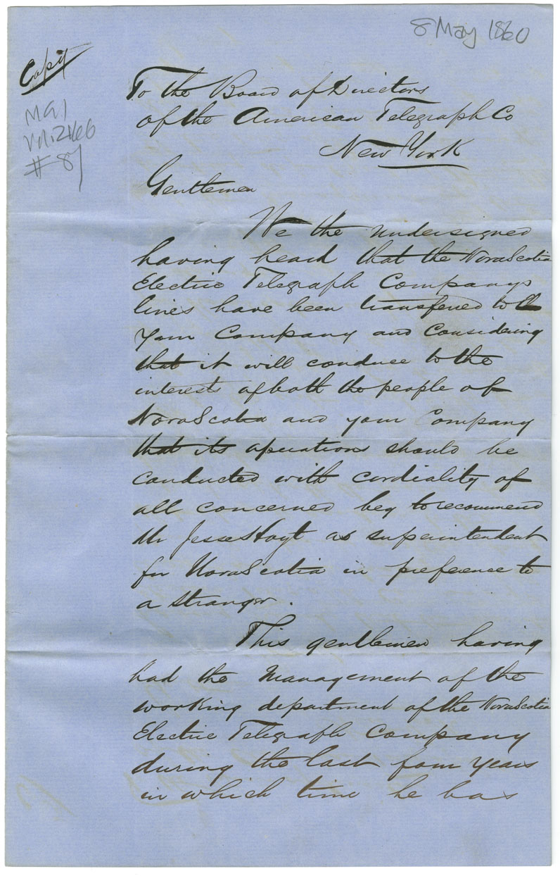 Easson : Testimonial letter to the Board of Directors of the American Telegraph Company, New York, on behalf of Jesse Hoyt