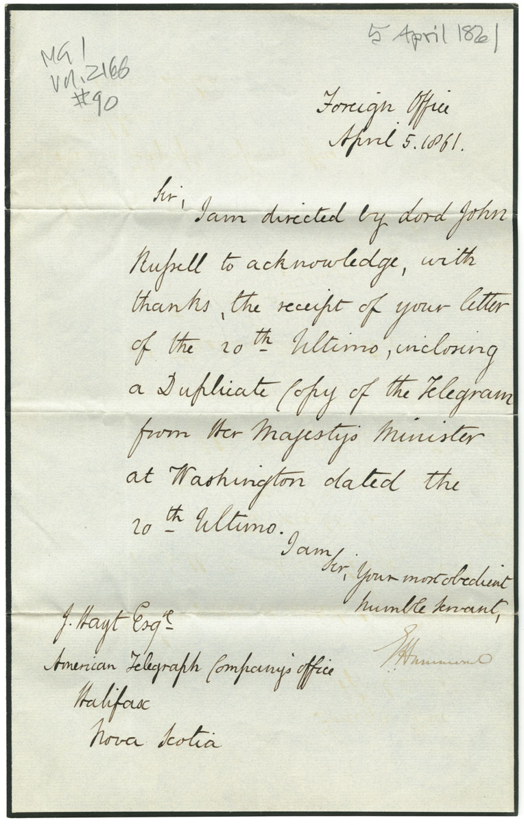 Easson : Letter, Lord John Russell, Foreign Office, London, to Jesse Hoyt