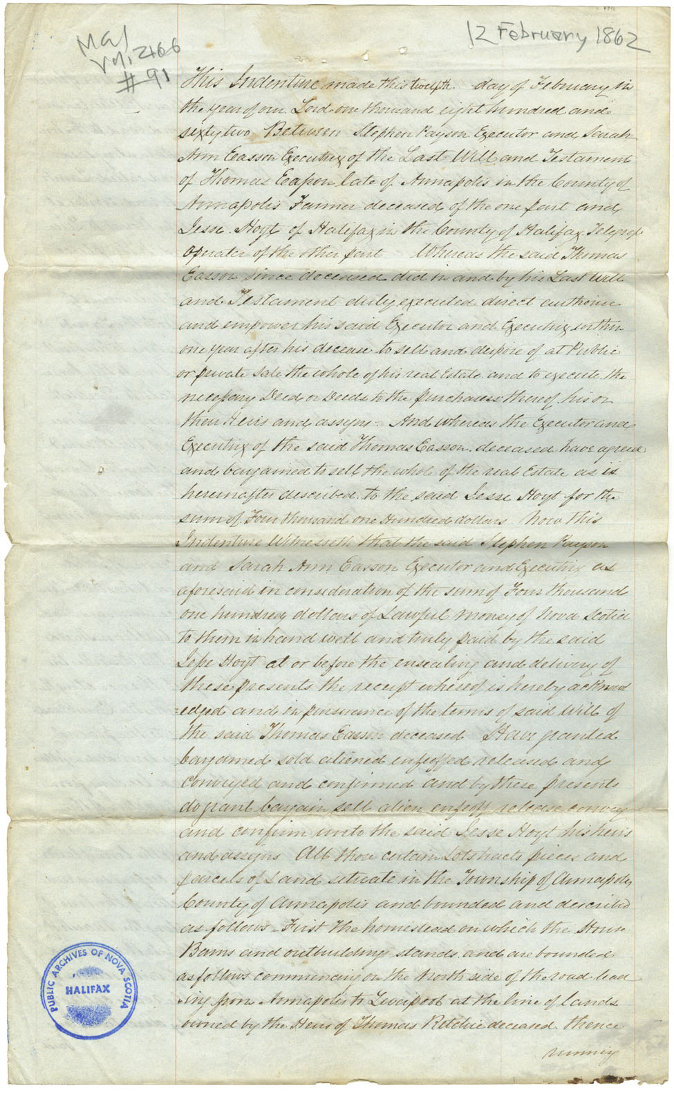 Easson : Indenture, executors of the estate of the late Thomas Easson, Annapolis Royal, to Jesse Hoyt, Halifax, Telegraph operator