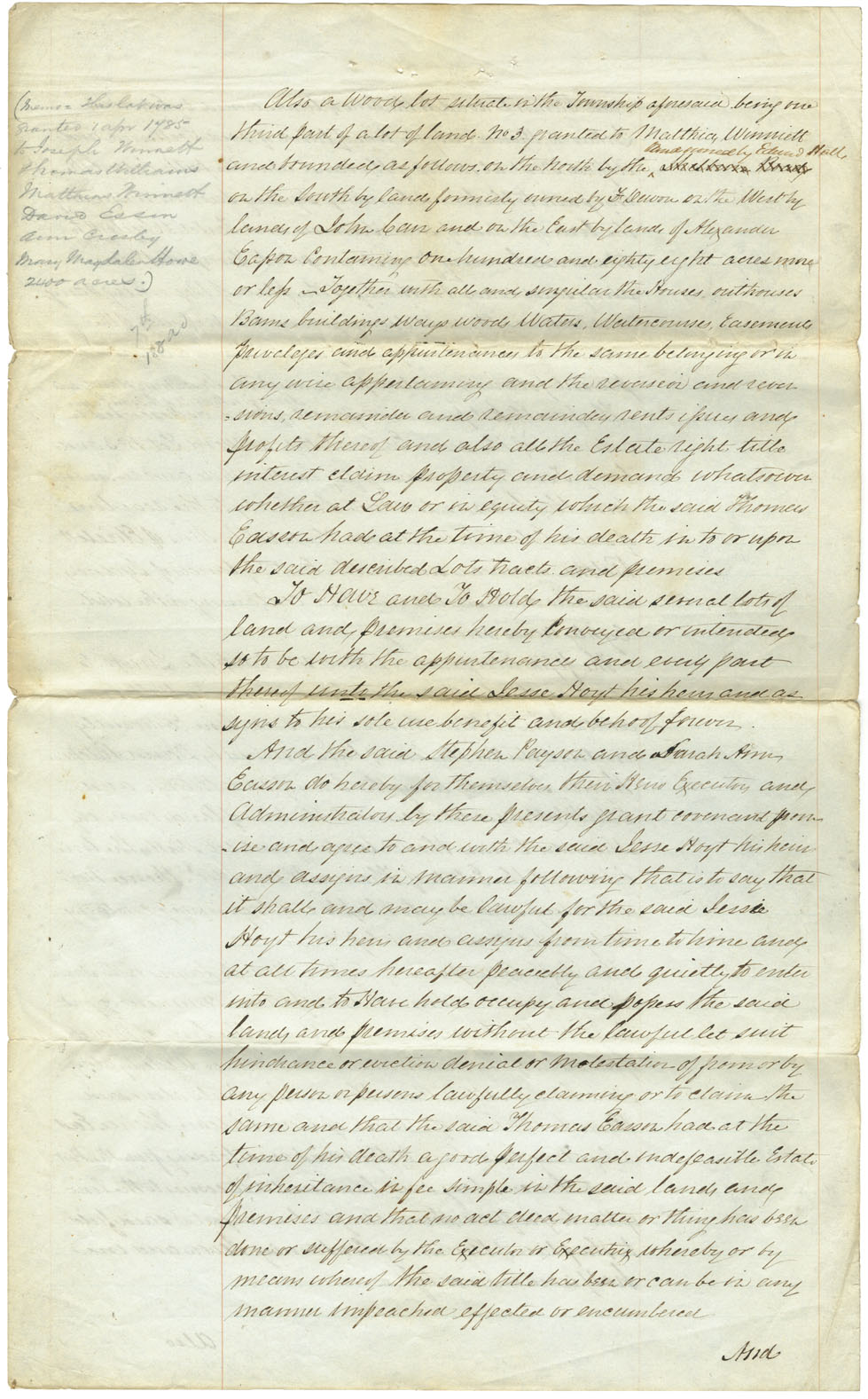 Easson : Indenture, executors of the estate of the late Thomas Easson, Annapolis Royal, to Jesse Hoyt, Halifax, Telegraph operator