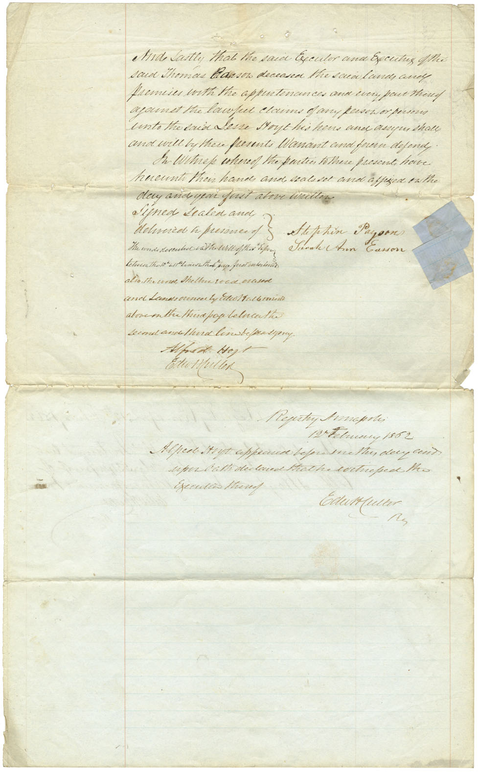 Easson : Indenture, executors of the estate of the late Thomas Easson, Annapolis Royal, to Jesse Hoyt, Halifax, Telegraph operator