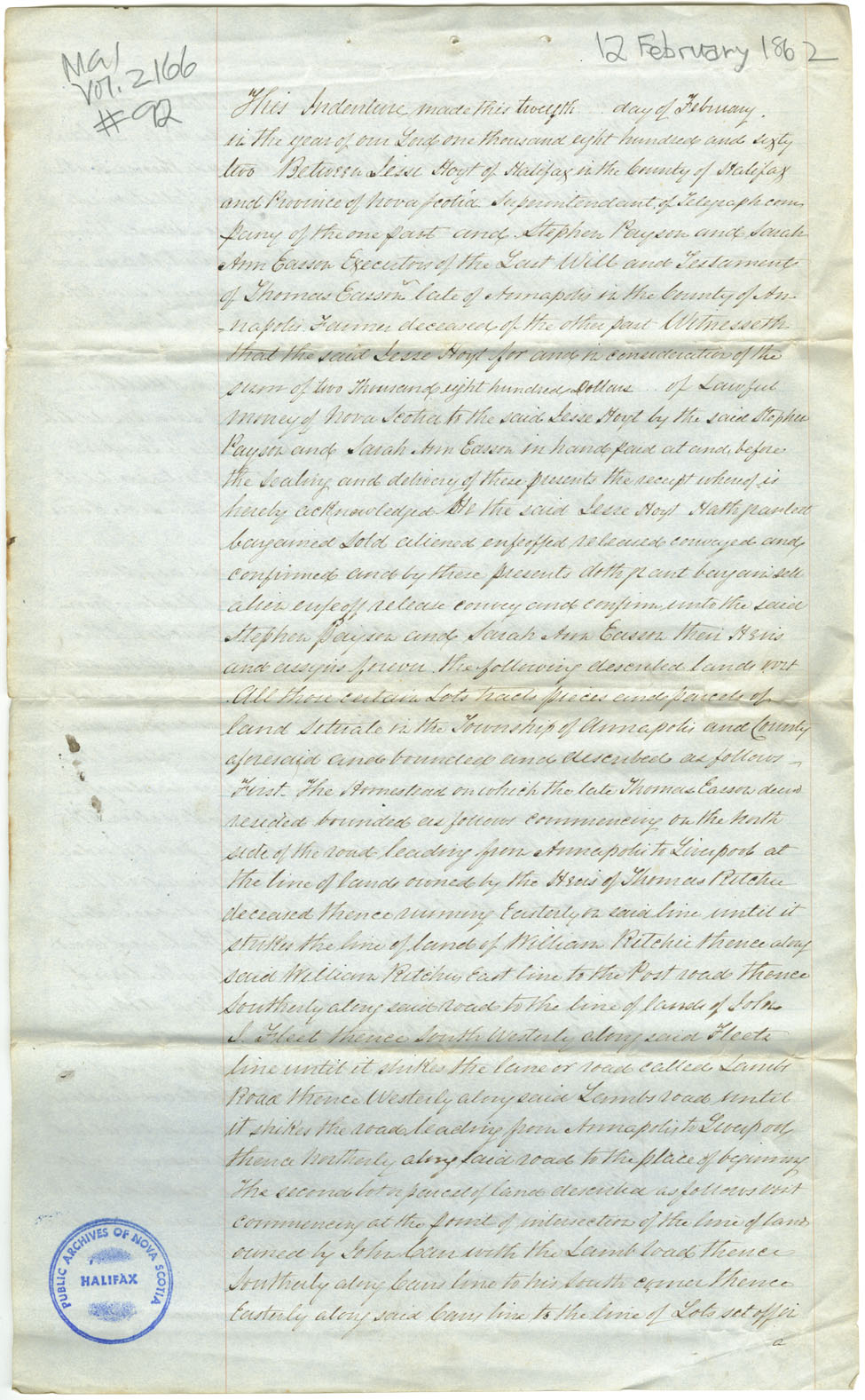 Easson : Indenture, Jesse Hoyt, Halifax, Superintendent of Telegraph Company, to the executors of the estate of the late Thomas Easson