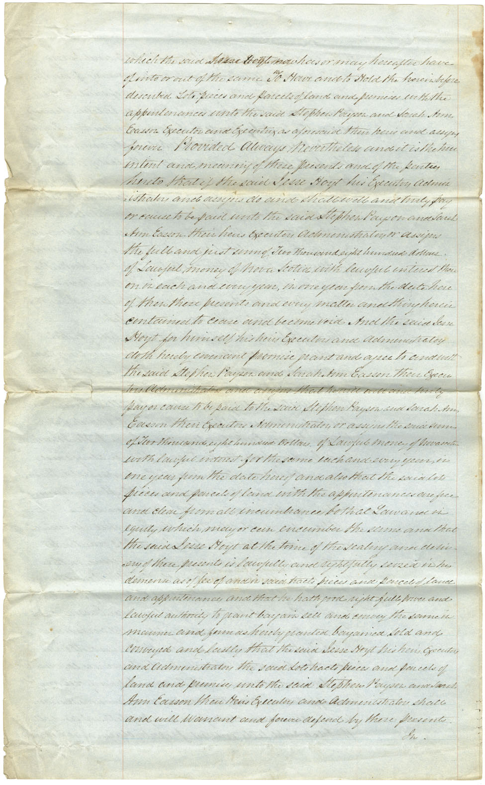 Easson : Indenture, Jesse Hoyt, Halifax, Superintendent of Telegraph Company, to the executors of the estate of the late Thomas Easson