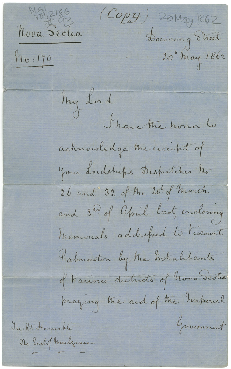 Easson : Letter, Duke of Newcastle, London, to the Lieutenant-Governor of Nova Scotia, the Earl of Mulgrave