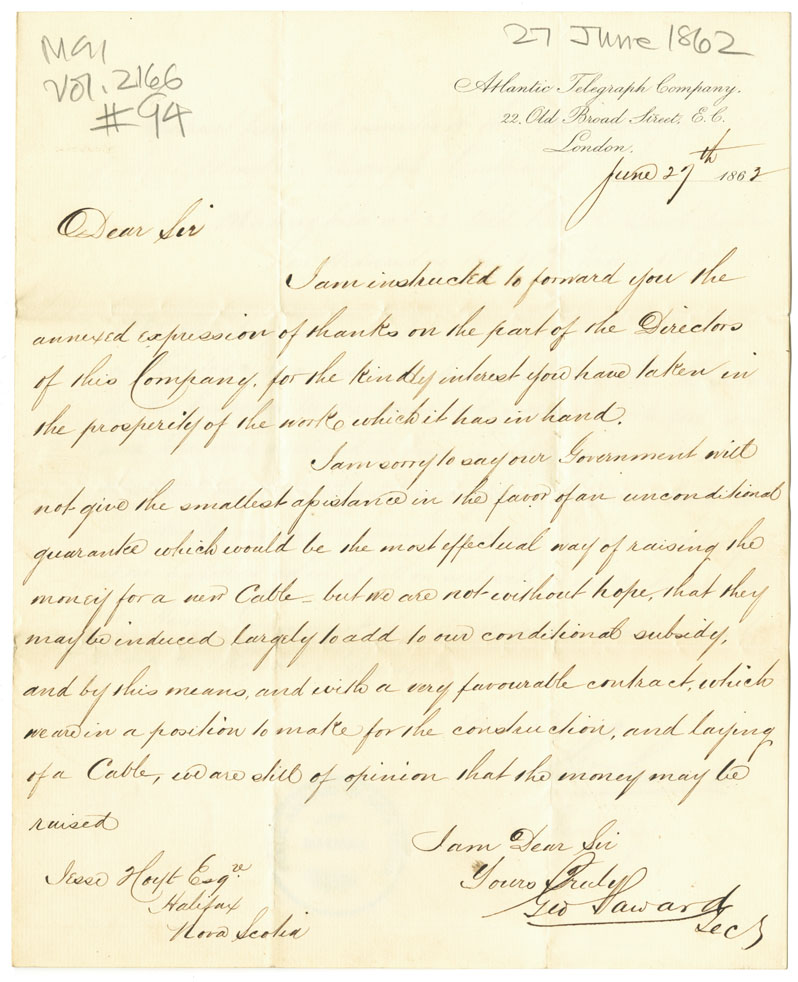 Easson : Letter, George Saward, Secretary, Atlantic Telegraph Company, London, to Jesse Hoyt