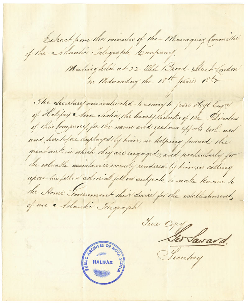 Easson : Letter, George Saward, Secretary, Atlantic Telegraph Company, London, to Jesse Hoyt