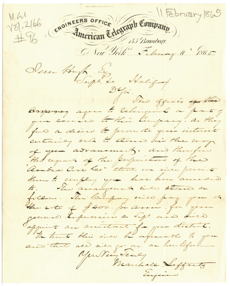 Easson : Letter, Marshall Lefferts to Jesse Hoyt