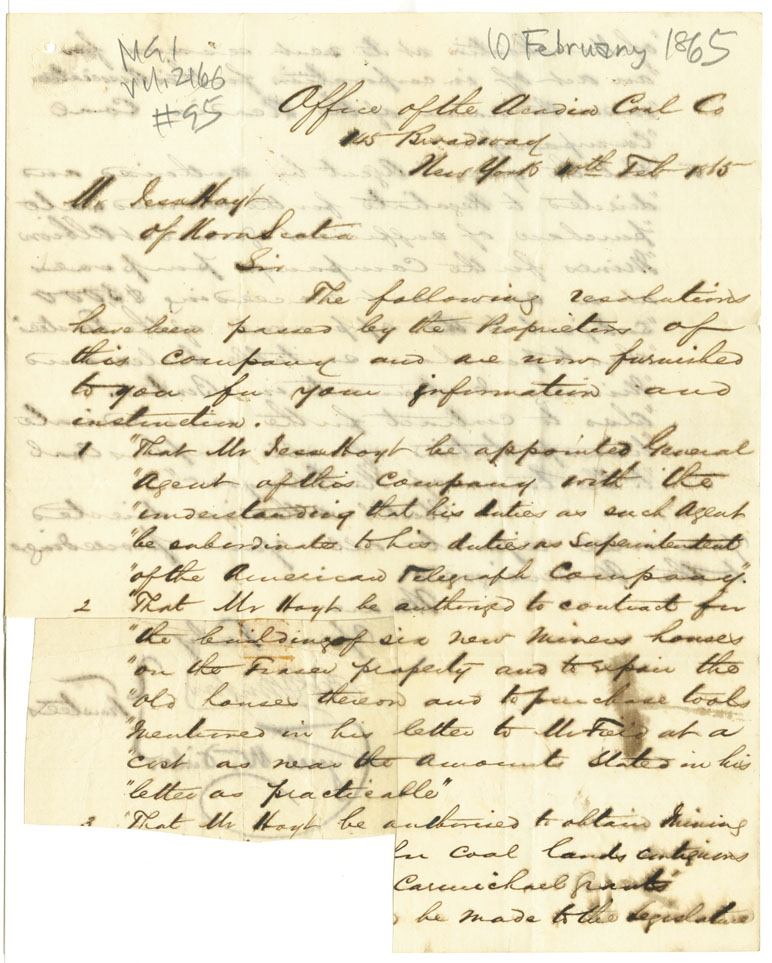 Easson : Letter, Trustees of the Acadia Coal Company, New York, to Jesse Hoyt