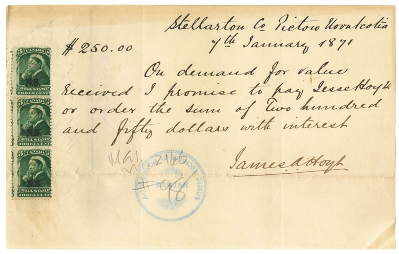 Easson : Promissory note, James A. Hoyt, Stellarton, in favour of Jesse Hoyt