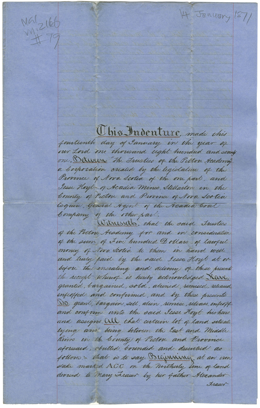 Easson : Indenture, Trustees of Pictou Academy to Jesse Hoyt, Acadia Mines, Stellarton, General Agent of the Acadia Coal Company