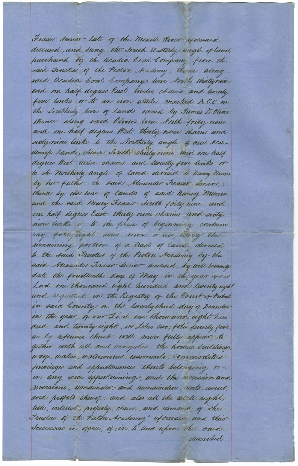 Easson : Indenture, Trustees of Pictou Academy to Jesse Hoyt, Acadia Mines, Stellarton, General Agent of the Acadia Coal Company