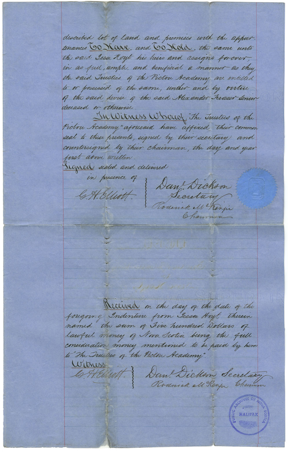 Easson : Indenture, Trustees of Pictou Academy to Jesse Hoyt, Acadia Mines, Stellarton, General Agent of the Acadia Coal Company