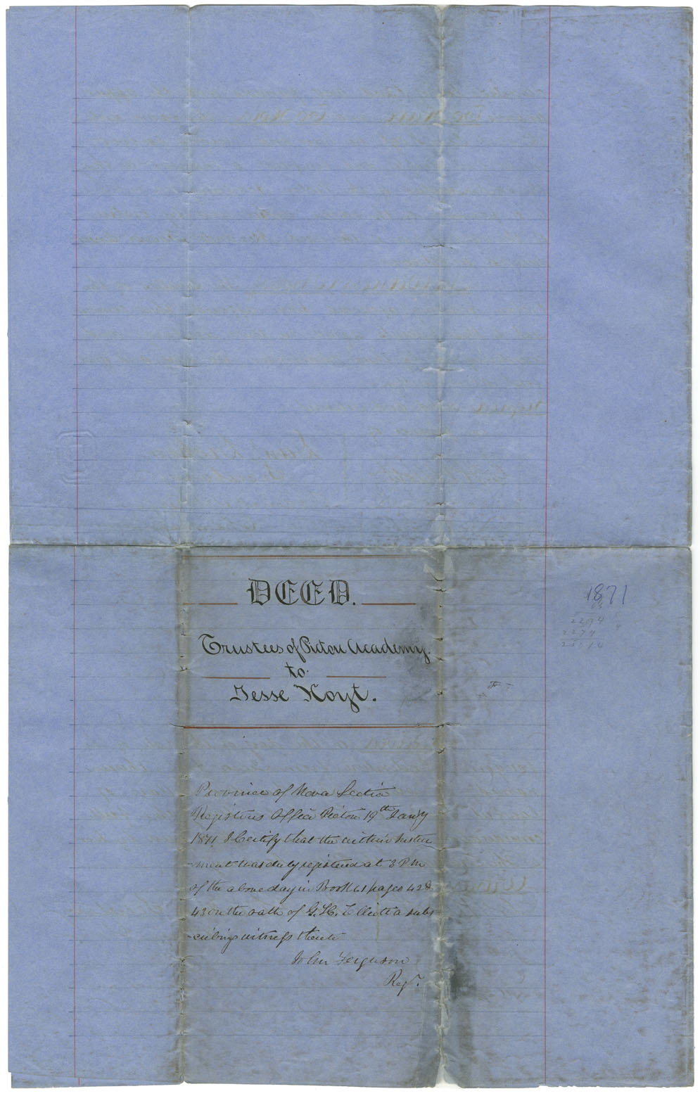 Easson : Indenture, Trustees of Pictou Academy to Jesse Hoyt, Acadia Mines, Stellarton, General Agent of the Acadia Coal Company