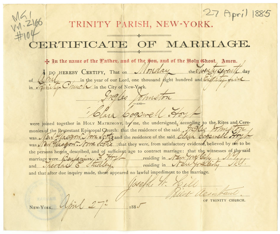 Easson : Certificate of Marriage, Ingles Johnston [sic] and Clara Cogswell Hoyt