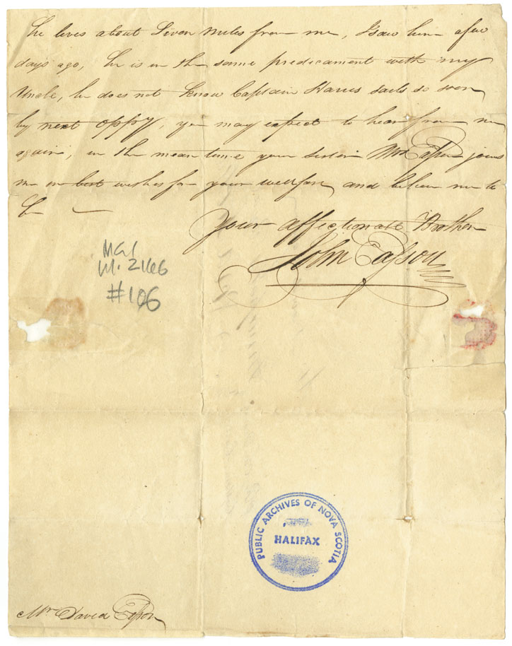 Easson : Letter, John Easson to his brother, David Easson