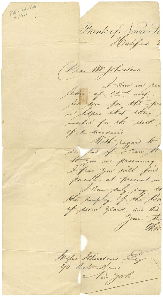 Easson : Partial letter, Bank of Nova Scotia, Halifax, to Inglis Johnstone, New York