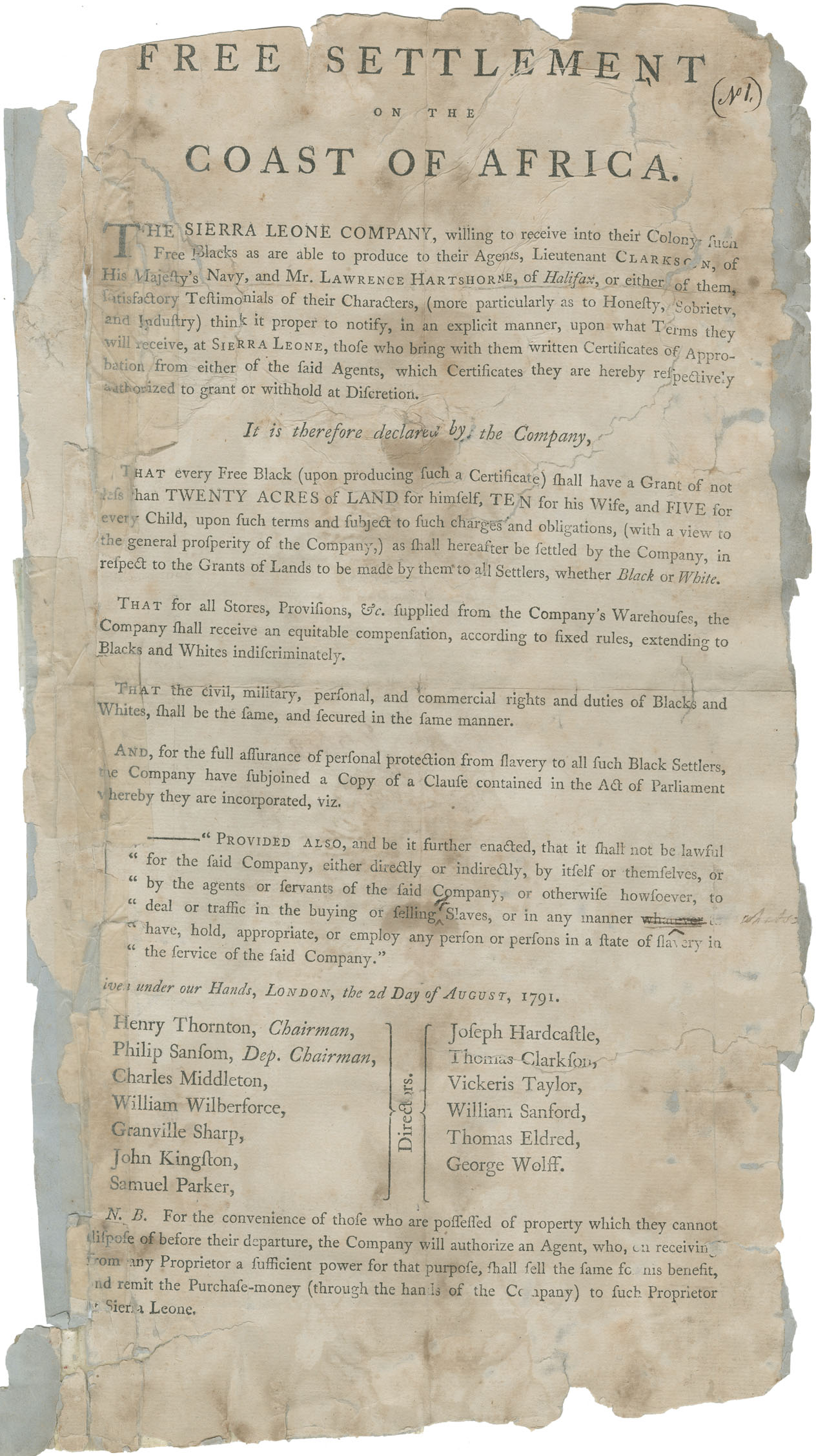 Declaration of the Sierra Leone Company of their readiness to receive into their Colony certain Free Blacks