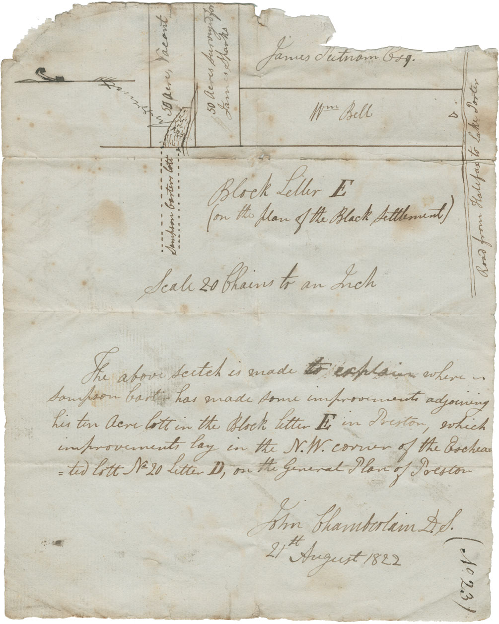 John Chamberlain's sketch of lands in or near to Block Letter E on plan of Black settlement at Preston. Sampson Carter improvements