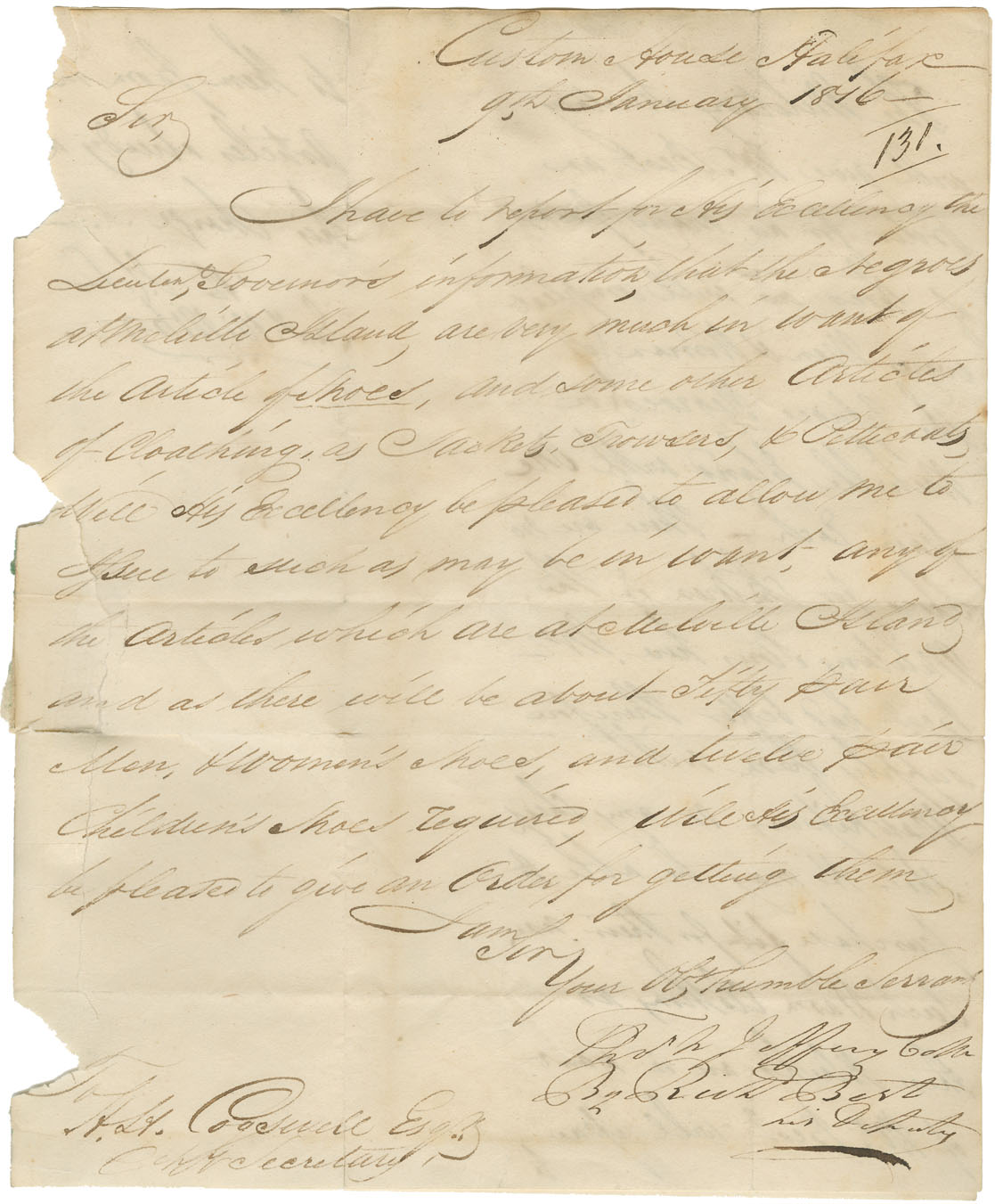 Letter from Collector of Customs, Thomas N. Jeffery, to Henry H. Cogswell, Deputy Provincial Secretary, regarding clothing, etc. for Black Refugees