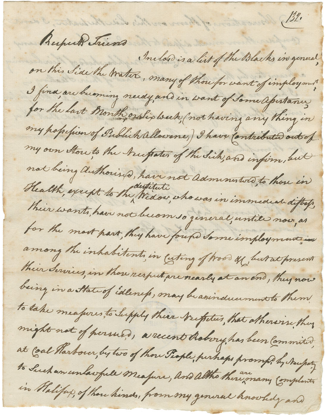 Letter from Seth Coleman to Richard Tremain, Chairman of Commissioners of the Poor, on the condition of the Black Refugees at Preston and Dartmouth