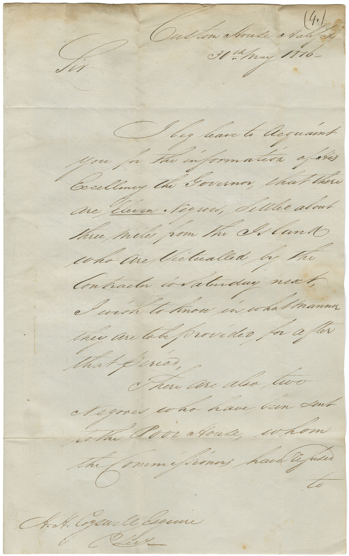 Letter from Jones Fawson, Acting Collector of Customs, to Mr. Henry H. Cogswell, Deputy Provincial Secretary, regarding supplies to Black Refugees