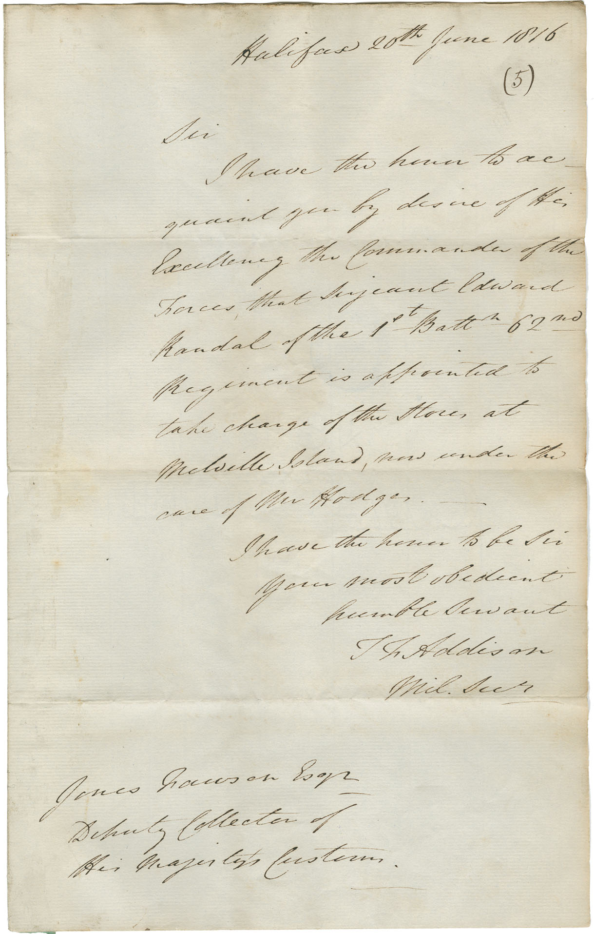 Letter to Jones Fawson from Mr. Addison, Military Secretary, regarding supplies for Black Refugees