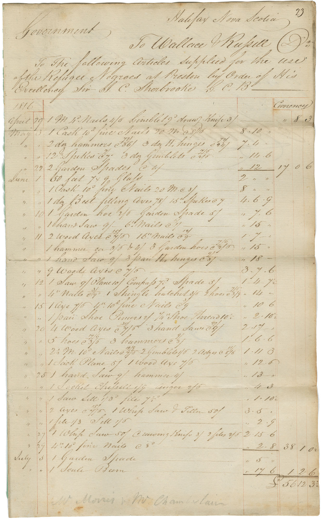 Accounts against Government for supplies for Black Refugees during the year 1816, with the following suppliers: John H. Noonan, Lewis DeMolitor, Robert Hodgers, John Skerry, Thomas N. Jeffery, Robert Leslie, Edward Randall, William Conroy, James Scott, Theophilus Chamberlain, Richard Munday, Wallace and Russell, Winkworth Allan, George Eaton, Samuel Head, Alexander Wallace, David Howe, Hartshorne, Boggs and Company, J & D Starr and Thomas Johnson
