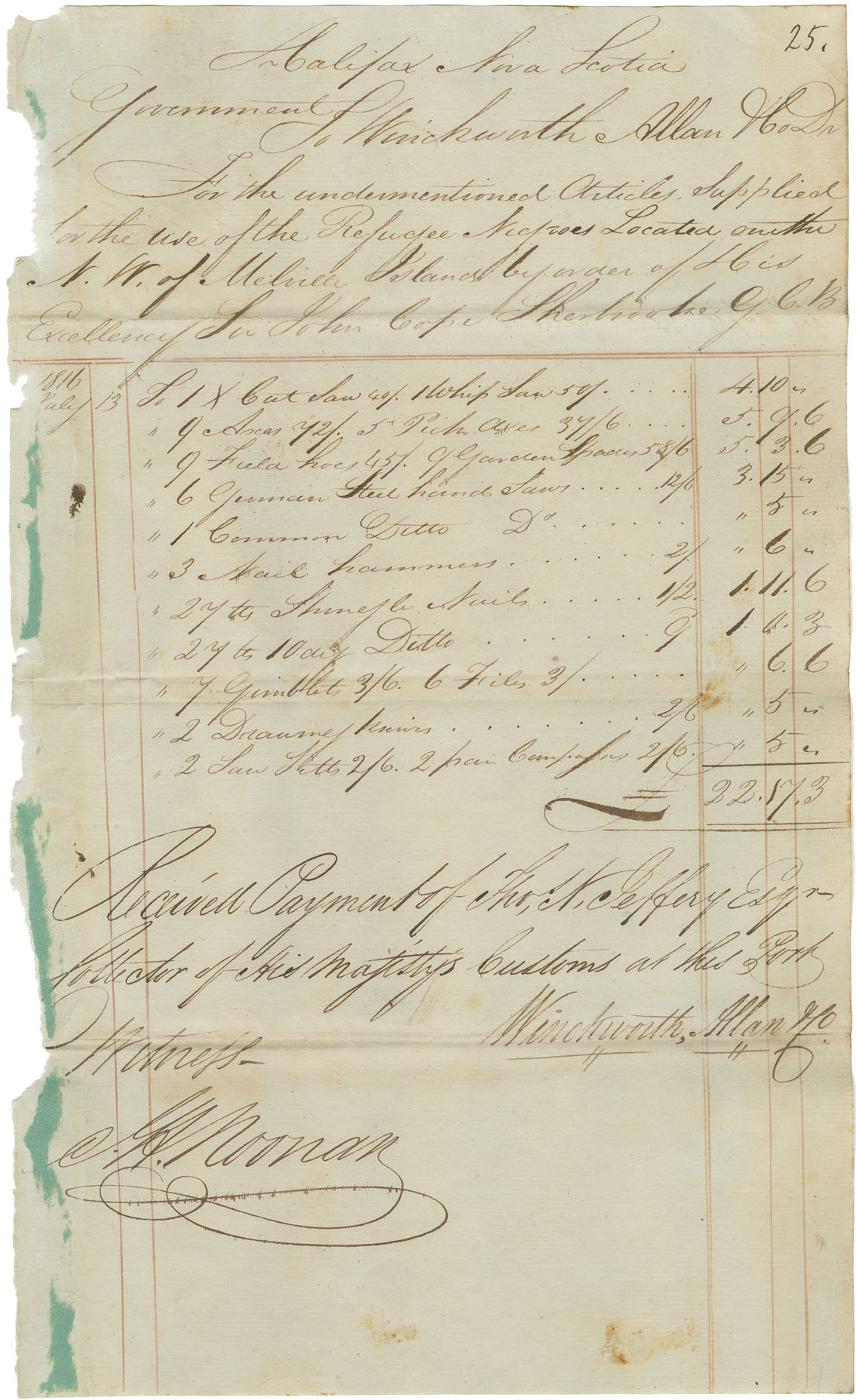 Accounts against Government for supplies for Black Refugees during the year 1816, with the following suppliers: John H. Noonan, Lewis DeMolitor, Robert Hodgers, John Skerry, Thomas N. Jeffery, Robert Leslie, Edward Randall, William Conroy, James Scott, Theophilus Chamberlain, Richard Munday, Wallace and Russell, Winkworth Allan, George Eaton, Samuel Head, Alexander Wallace, David Howe, Hartshorne, Boggs and Company, J & D Starr and Thomas Johnson