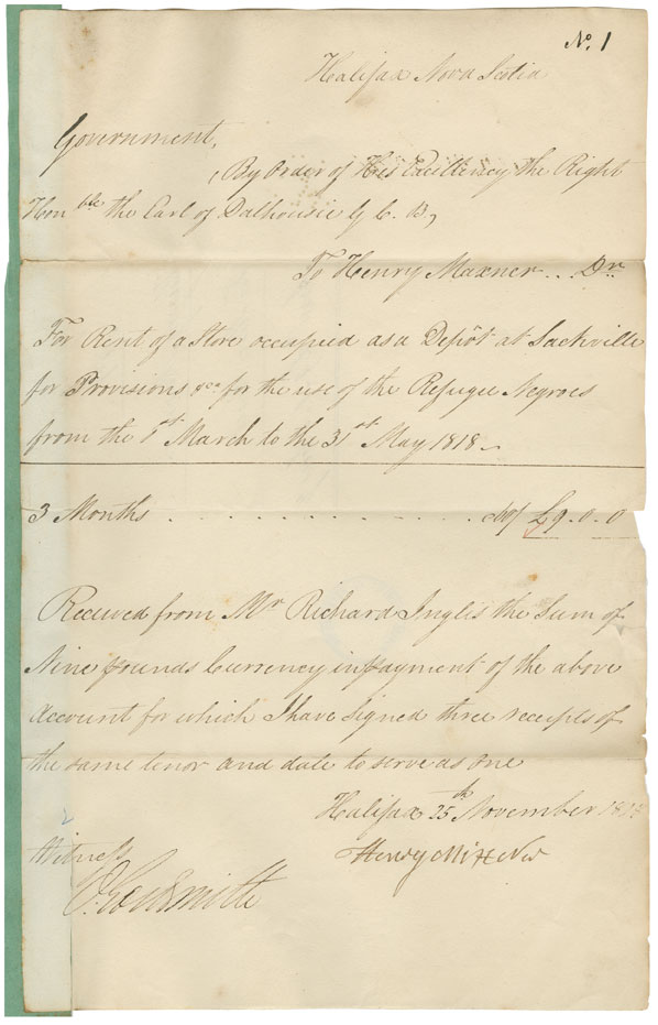 Receipt for 3 months' rent for a store used as a depot for provisions for the Black Refugees, 1 March-31 May, 1818
