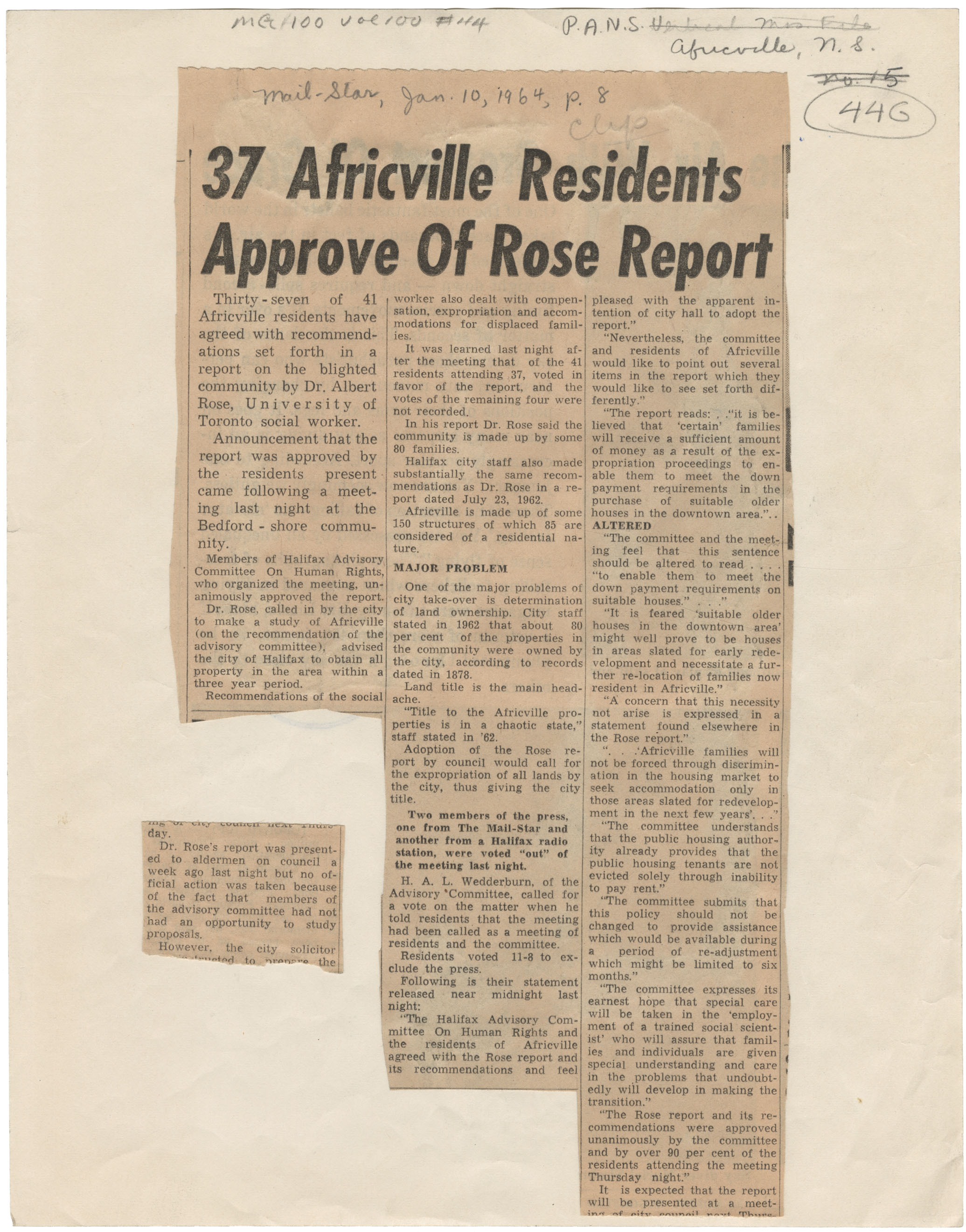 african-heritage : 37 Africville Residents Approve of Rose Report, Mail Star excerpt