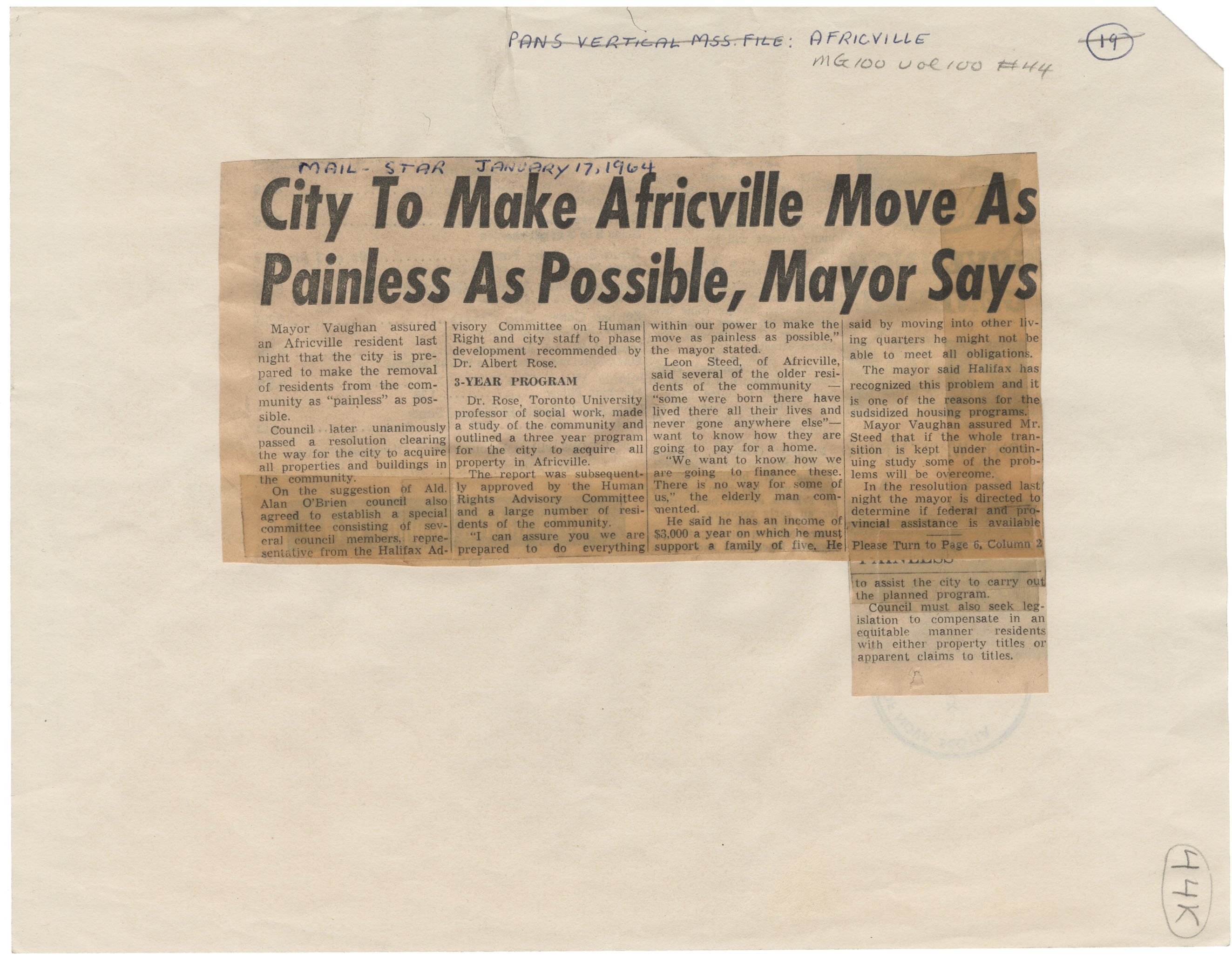 african-heritage : City to Make Africville Move As Painless As Possible, Mayor Says, Mail Star excerpt