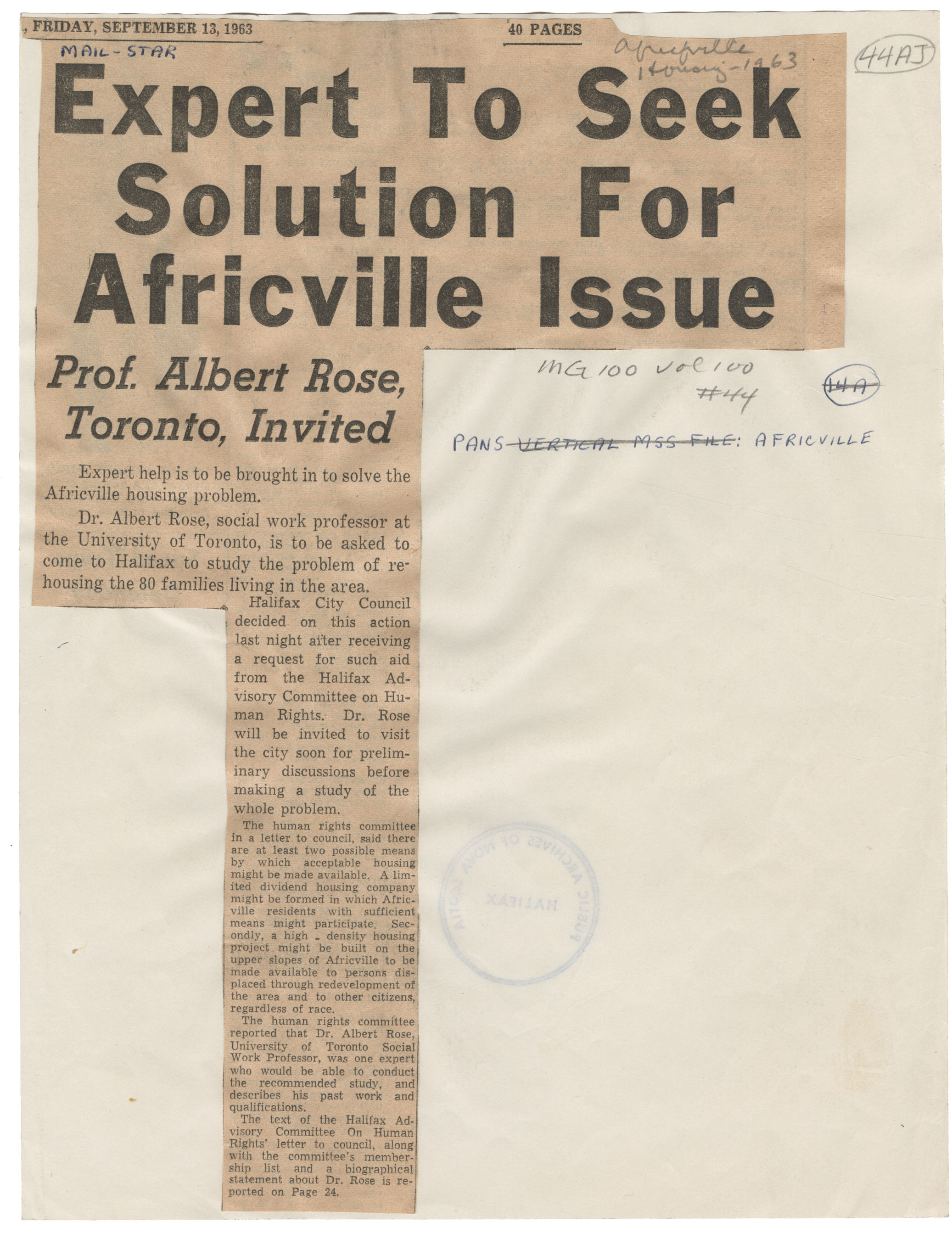 african-heritage : Expert To Seek Solution For Africville Issue, Mail Star excerpt