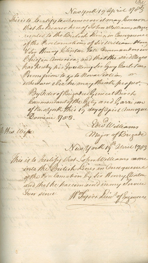 Passport and certificate of John Williams, 19 April 1783