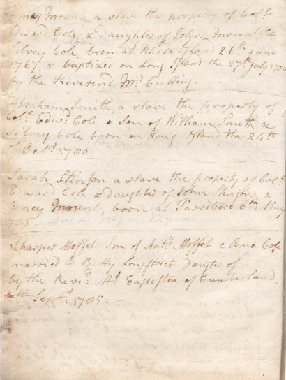 Record of Col. Edward Cole's ownership of five slaves, Parrsboro